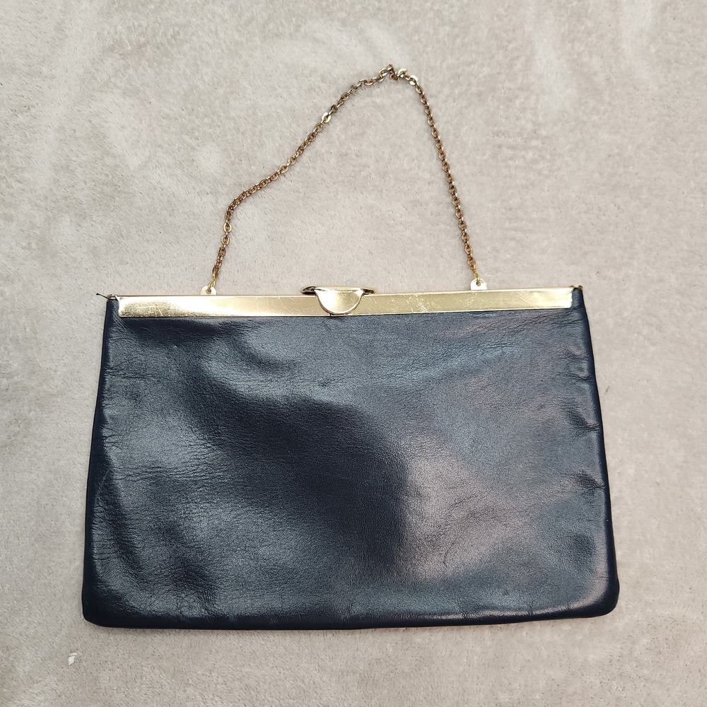 Vintage Etra Genuine Leather‎ Black Evening Bag Gold Tone Chain Square Closure